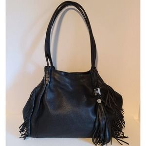 AIMEE KESTENBERG LEATHER Fringe SHOULDER HOBO Bag PURSE LOGO CHARM BLACK